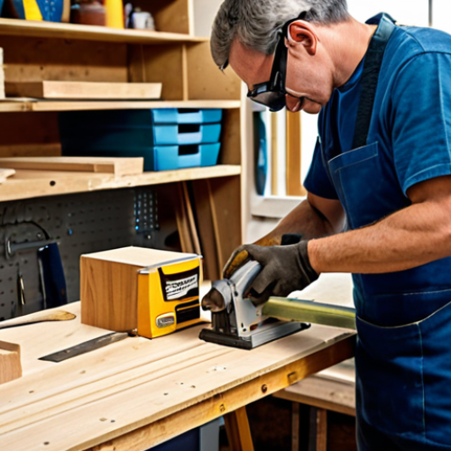 Beginner Woodworker at Workbench**

A person wearing safety glasses and gloves, working on a small wooden birdhouse project at a bright workbench, surrounded by tools like a hand saw, sandpaper, and glue. The scene is set in a well-lit workshop with shelves of wood and other DIY supplies in the background. Focus on the hands working meticulously. fully clothed, safe for work, appropriate content, professional, perfect anatomy, natural proportions, family-friendly.

**
