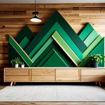 **

"A rustic wooden wall decoration featuring geometric shapes in various shades of green, resembling a mountain landscape. The background is a modern living room with plants. Perfect anatomy, natural proportions, safe for work, appropriate content, fully clothed, professional, family-friendly."

**