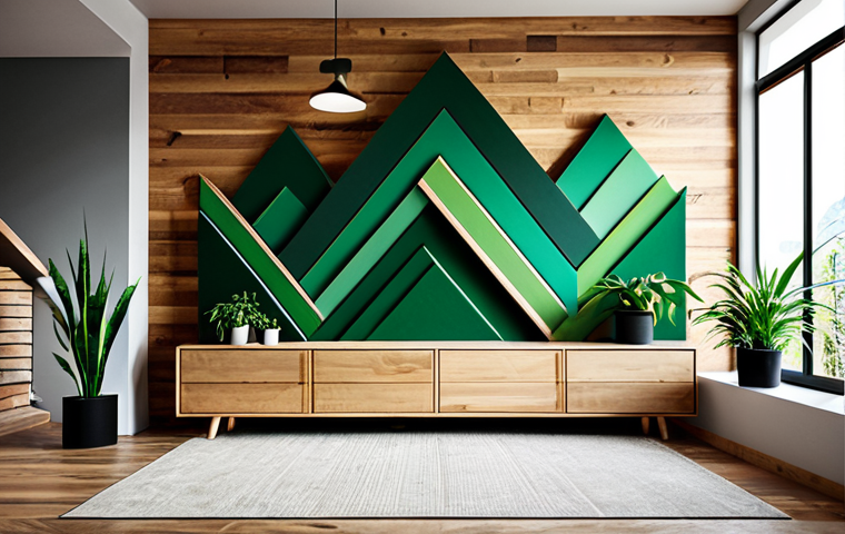 **

"A rustic wooden wall decoration featuring geometric shapes in various shades of green, resembling a mountain landscape. The background is a modern living room with plants. Perfect anatomy, natural proportions, safe for work, appropriate content, fully clothed, professional, family-friendly."

**